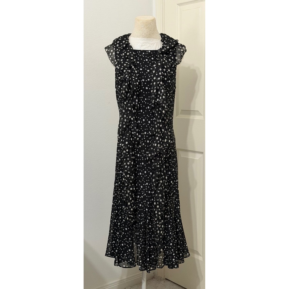 Chaps Womens sz 12 Polka Dot Ruffle Midi Dress Black White Sleeveless Chiffon